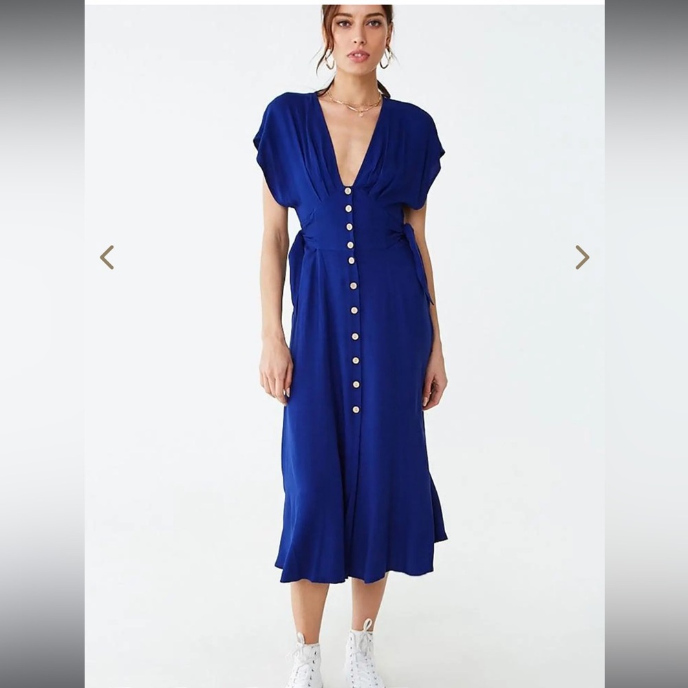 Indigo Blue Button-Front V-Neck Midi Dress